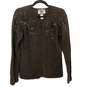 TIARA international Vintage 80's Black Applique Beaded Cardigan Sweater Sz Large